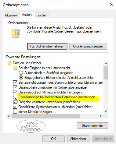 PC - Dateiendungen - Orderoptionen Screen PC - Dateiendungen - Orderoptionen
