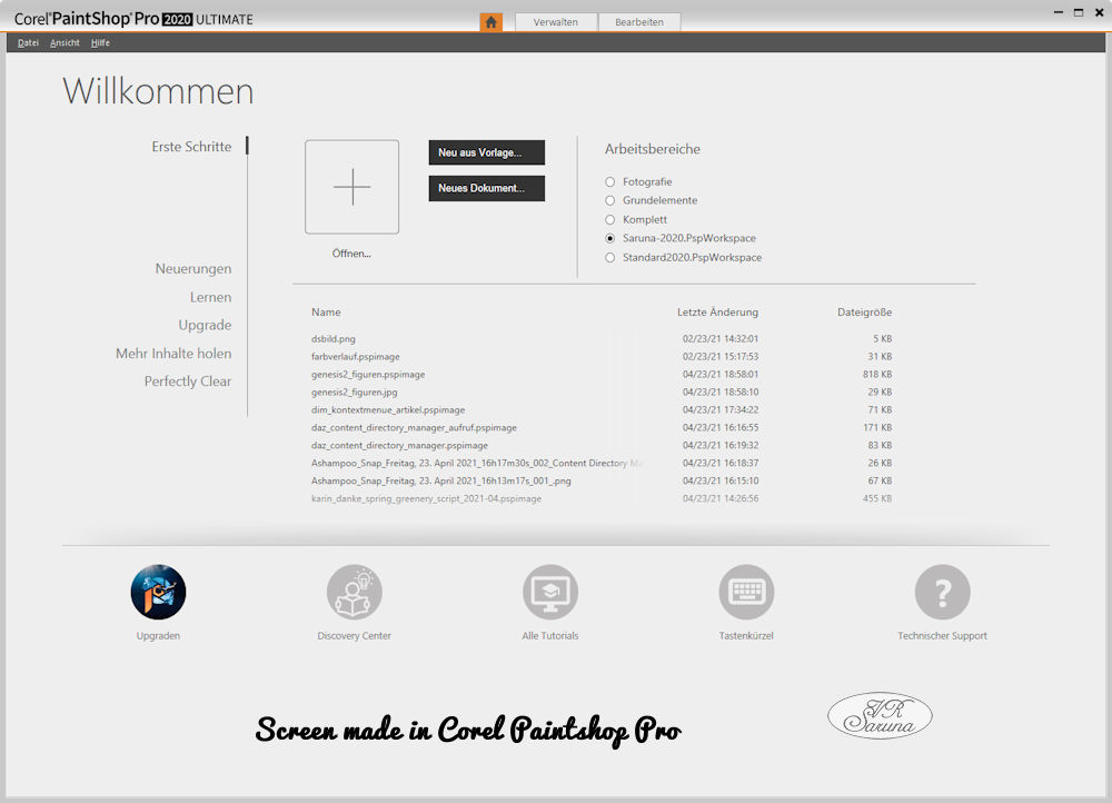 Screen Startbildschirm von Paintshop Pro 2020 Screen Startbildschirm von Paintshop Pro 2020