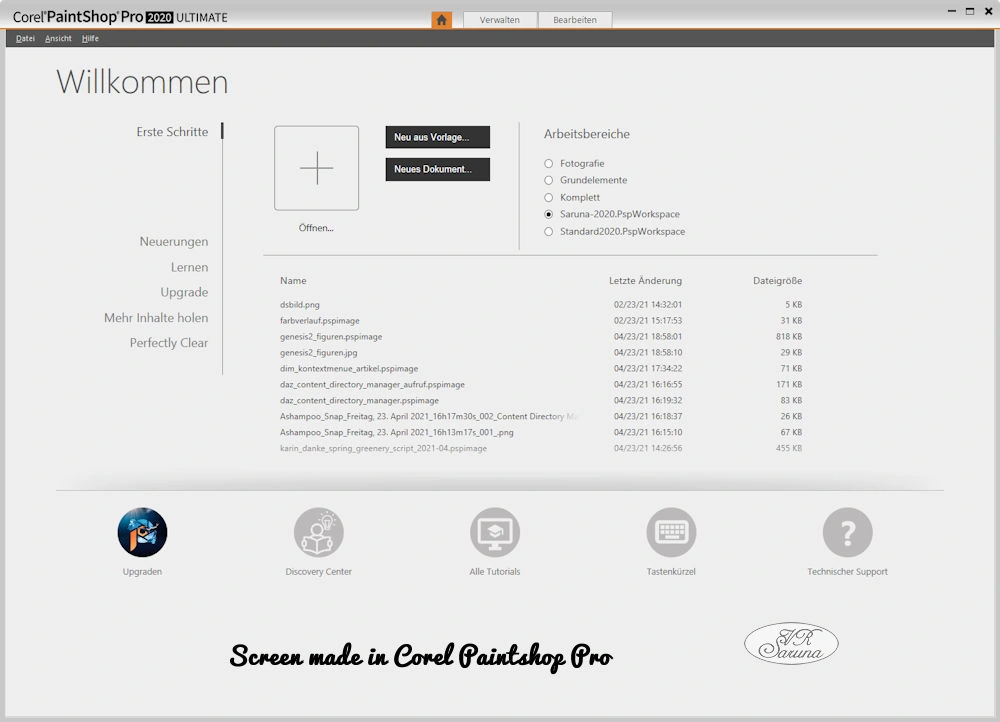 Screen Startbildschirm von Paintshop Pro 2020