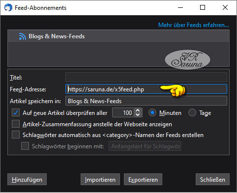 Screen PC - TB RSS Feed-Adresse für Abo eingeben