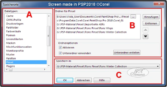 Screen PSP - Speicherorte Dialogfenster