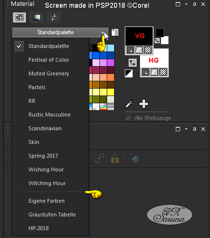 PSP - Material-Palette Liste der Farbpaletten Screen PSP - Material-Palette Liste der Farbpaletten